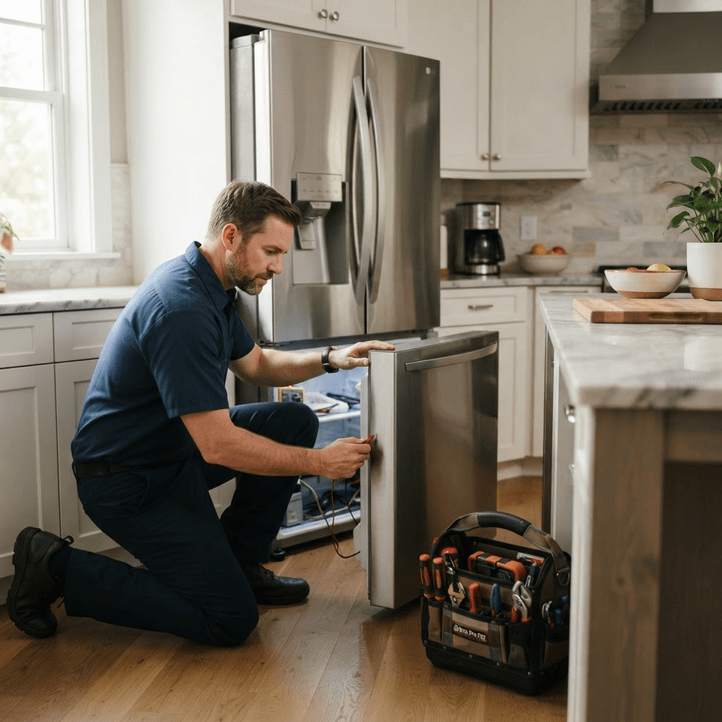 Appliance technician inspecting a modern refrigerator