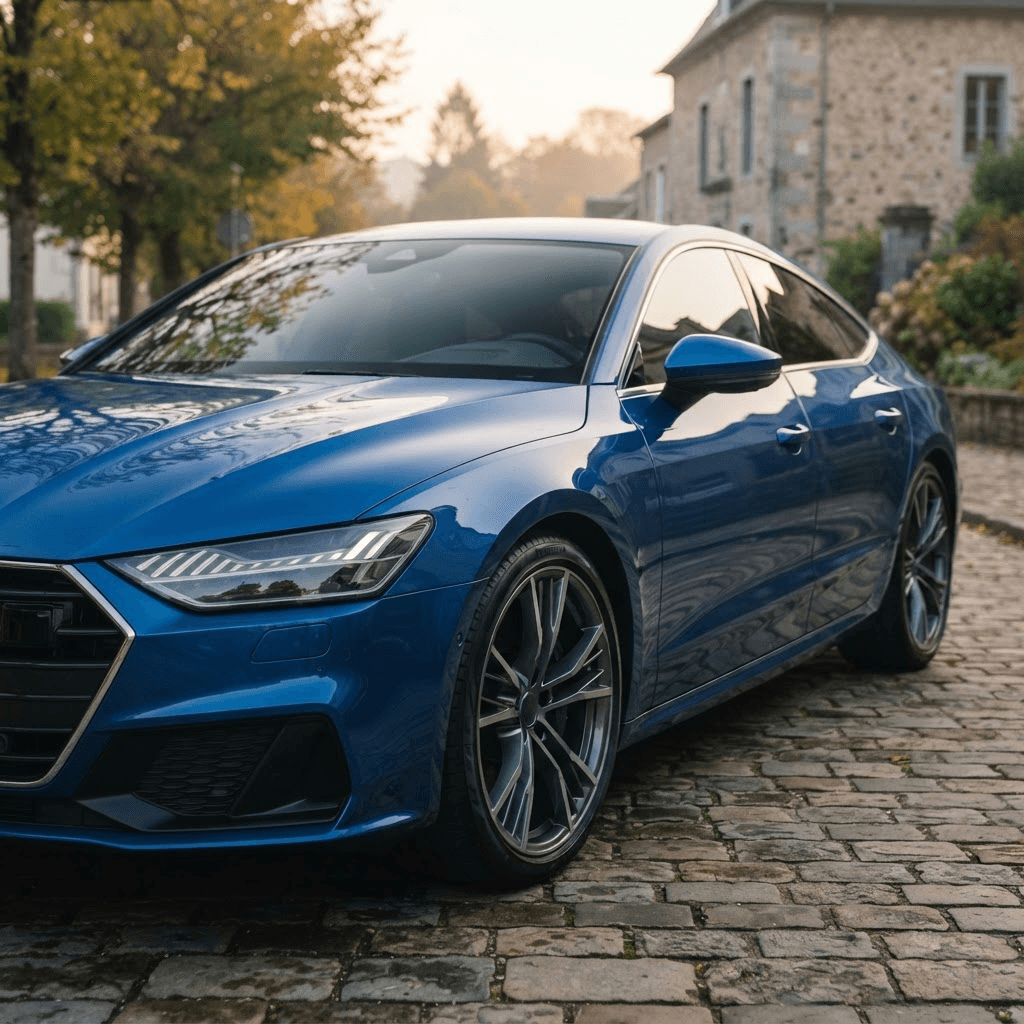 Glossy blue sedan after professional detailing