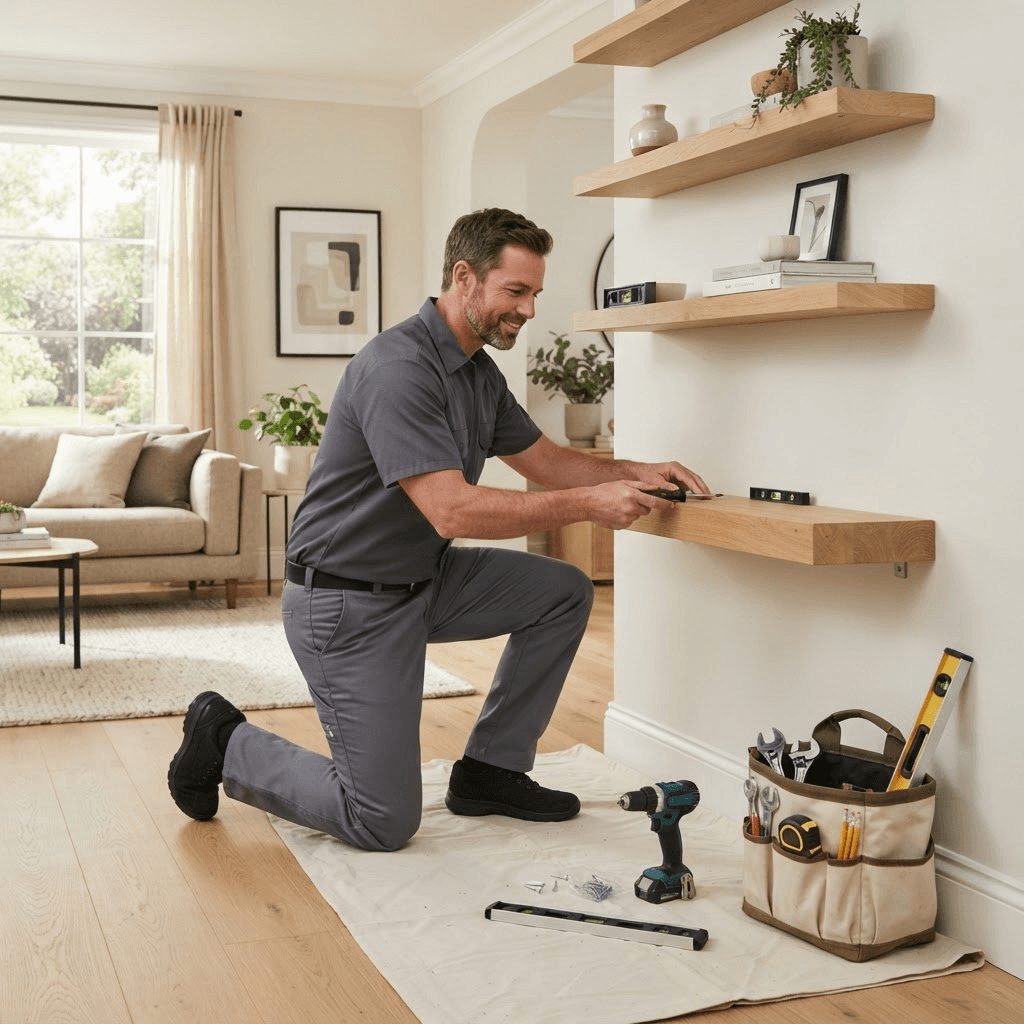 Handyman installing floating shelves in a bright home