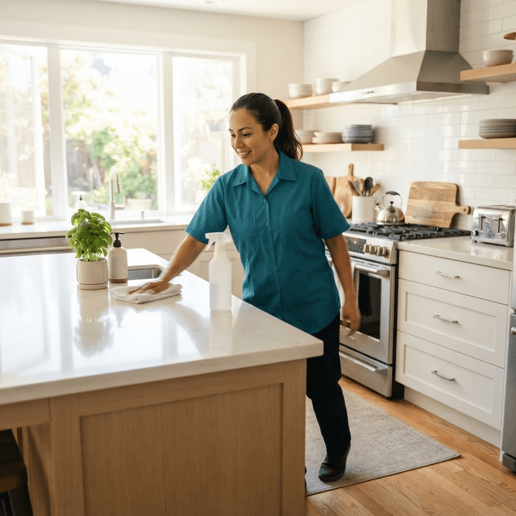 Professional cleaner working in a bright kitchen