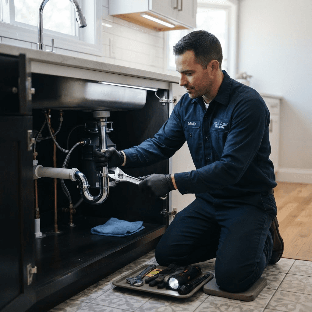 Example plumbing website hero showing a plumber repairing a pipe