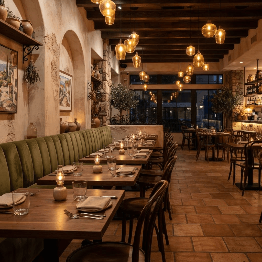 Warm fictional restaurant dining room