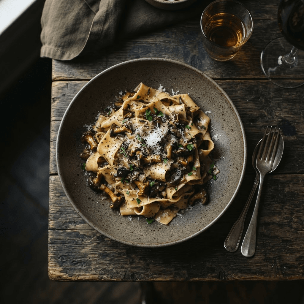 Handmade mushroom pasta presented in a ceramic bowl