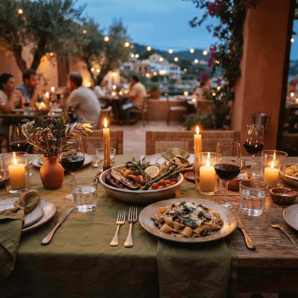Seasonal dishes arranged on a warm candlelit restaurant table