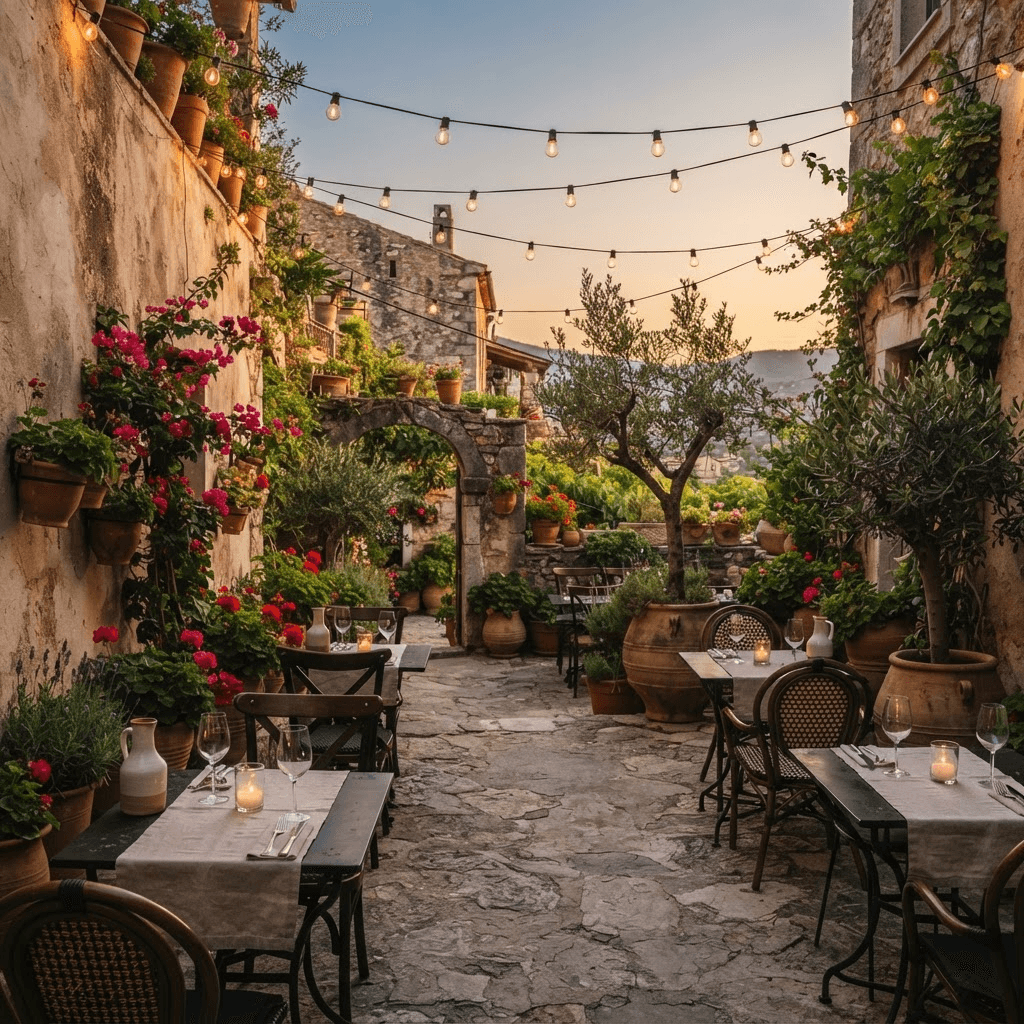 Restaurant patio at golden hour